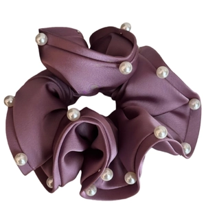 Elegant purple satin scrunchie with ruffled edges and pearl accents for women