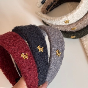 Fuzzy sherpa headband with star engraved metal puppy charm in multiple autumn colors