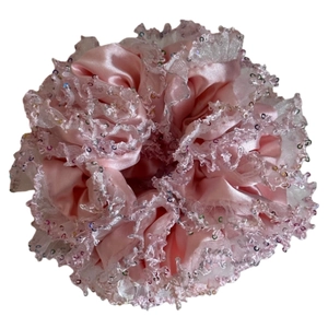 Pink sequin lace layered scrunchie with silk fabric and sparkling glitter detail