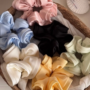 6-pack minimalist satin scrunchies in pastel colors including pink and light blue