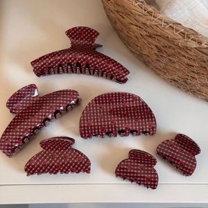 6-piece strawberry polka dot hair claw clip set with cute red and white grid pattern
