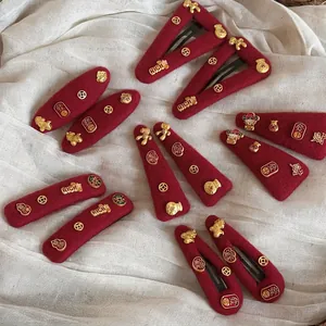 New Year Red Felt Hair Clips For Women Handmade Gold Lucky Charms Festive Hair Accessories Rich Characters Hairpin Gift