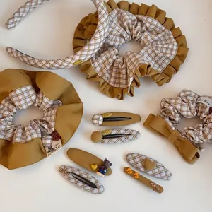 Vintage Plaid Cloth Hair Accessories Set Ginger Yellow Checkered Scrunchies Headband Heart Bear Clips For Women Girls