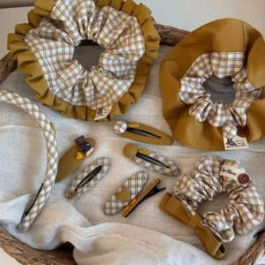 Retro yellow plaid fabric scrunchie set with handmade bow hair ties and cute hair clips