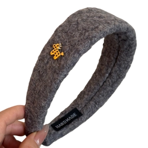 Grey plush headband with golden star bear charm for high cranial top hairstyle