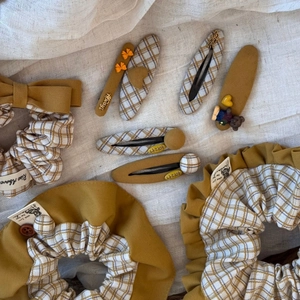 Korean style fabric scrunchie and hair clip set in mustard yellow and plaid patterns