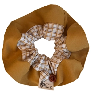Vintage mustard yellow and plaid patchwork oversized scrunchie with button detail