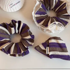 Set di Elastici per Capelli in Tessuto a Righe Stile Coreano Viola Caffè Bianco Pieghettato Bordo in Pizzo per Donna Gioielli per Capelli Fatti a Mano