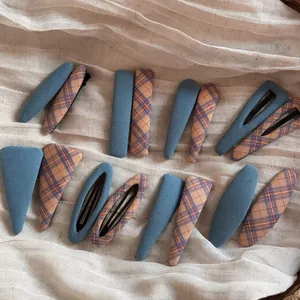 Korean Style Fabric Plaid Geometric Hair Clips Set For Women Blue Series Fabric Wrapped Metal BB Clips Daily Headwear Accessory