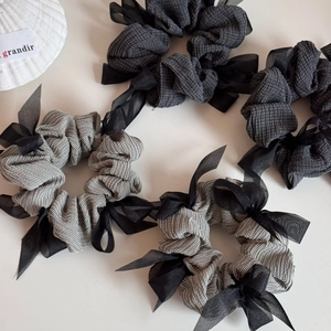 Set of 4 elegant Korean style ribbon bow hair scrunchies in striped and grey textures