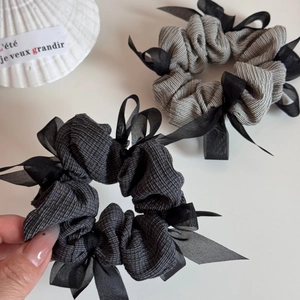 Set of two grey checkered and striped hair scrunchies with sheer black organza bows