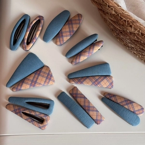 Elegant purple plaid and denim blue fabric hairpin set with multiple geometric shapes