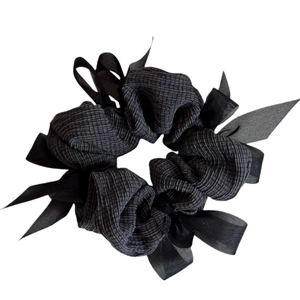 Elegant dark grey ribbon scrunchie with layered black chiffon bows for women hair