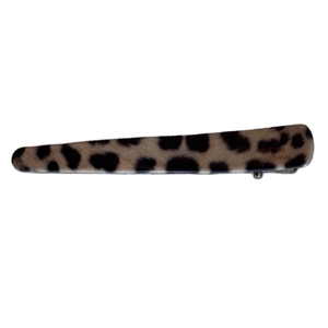 French leopard print duckbill hair clip with SAVORS handmade text on white background