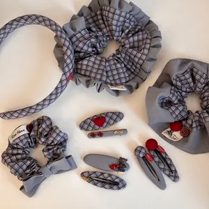 Vintage Plaid Fabric Hair Accessories Including Bow Scrunchie Checkered Headband And Cute Bear Heart Hair Clips For Women
