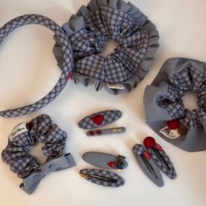 Elegant Korean style grey plaid and solid fabric hair accessory set on white backdrop