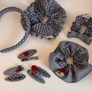 British style grey plaid hair accessories set with scrunchies and plush bear clips