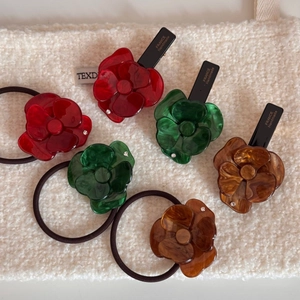 Set di 6 accessori per capelli floreali in acetato rosso vintage, verde smeraldo e ambra