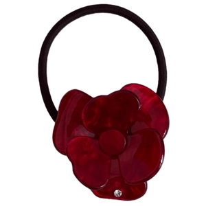 Elastico per capelli con fiore in acetato rosso scuro, texture marmorea e strass su nero