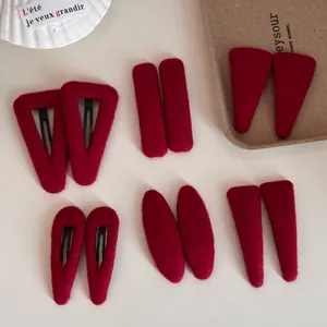 New Year Red Felt Fabric Geometric Hair Clips Set For Women Festive Elegant Solid Color BB Clip Side Hairpin Headwear
