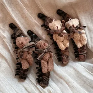Fermaglio per Capelli a Banana Avvolto in Tessuto Plaid Con Orsetto di Peluche Fiocco Stile Coreano per Donna Ragazza