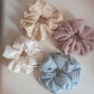 Set of 4 hollow lace scrunchies in beige pink white and blue for elegant hairstyles