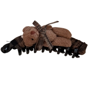Molletta per capelli con orsetto di peluche e fiocco a scacchi su base a banana nera