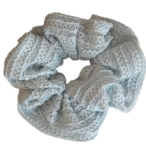 Elegant light blue hollow lace scrunchie with intricate floral embroidery for women