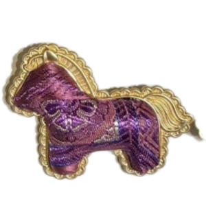 Exquisite purple Song brocade horse brooch with golden ornate frame for sweaters