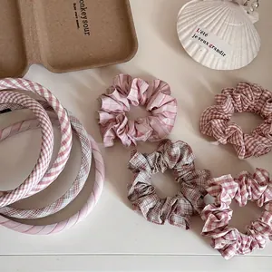 Koreanischer Stil Süß Rosa Gingham Gestreifte Stoff Scrunchies Hohe Elastische Haargummis Schmale Stirnbänder Damen Haarschmuck