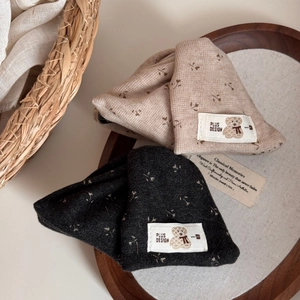 Floral print winter beanies in dark grey and beige with cute bear patch detail