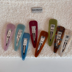 Set of 8 colorful teardrop acetate hair clips in assorted candy colors with metal grip