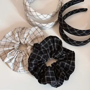 Vintage Grid Pattern Fabric Hairbands And Scrunchies Set Retro Plaid Handmade Headbands Fashion Hair Accessories For Women