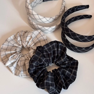 Vintage black and white plaid headband and scrunchie set with handmade fabric texture