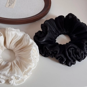 Elegant large pleated silk scrunchies in cream white and minimalist black set