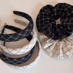 Classic black and white checkered fabric headbands and hair scrunchies handmade collection
