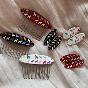 Nordic Style Dala Horse Pattern Resin Hair Comb Alloy Metal Hair Clip For Women Colorful Geometric Print Hair Accessories