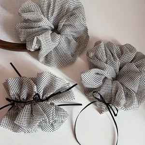 Korean Style Polka Dot Scrunchies Soft Fabric Ruffle Hair Ties Black Ribbon Bow Heart Pendant Accessory For Women Girls