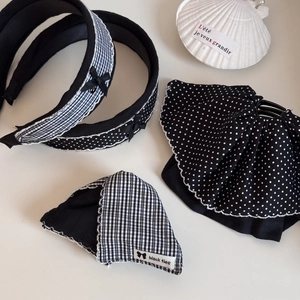 Vintage Fabric Bow Headband For Women Black White Checkered Polka Dot Hair Accessories Handmade Lace Trim Hair Tie Claw