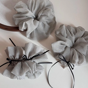 Chiffon polka dot hair scrunchies with heart charm and ribbon bow in cream white