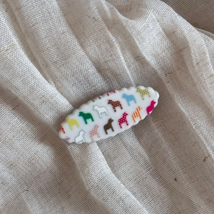 Macro detail of oval hair clip featuring colorful pony pattern on white surface
