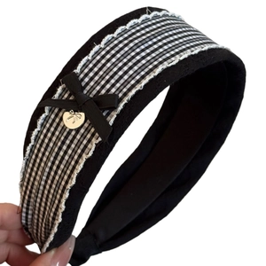 Elegant black gingham wide headband with side ribbon bow and silver metal pendant