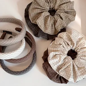 Vintage Plaid Fabric Hair Scrunchies Large Bow Elastic Hair Bands Puffy Sponge Headband Checkered Hair Accessories For Women
