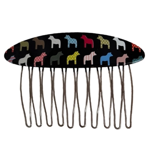 Colorful Dala Horse patterned hair comb with 11 metal teeth and resin folk style design
