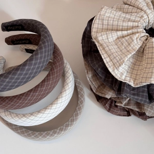 Vintage plaid fabric scrunchie and padded headband set in neutral aesthetic tones