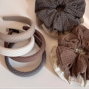 Vintage plaid fabric scrunchies and padded headband set in assorted brown and beige colors