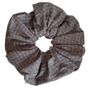 Vintage dark grey plaid oversized hair scrunchie made of high-density textured fabric