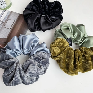 Elegant French velvet and satin scrunchies set in black, blue and olive green