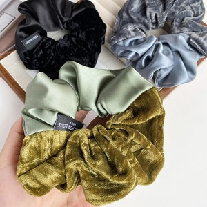 French style velvet and satin scrunchie with patchwork design in mustard green and black