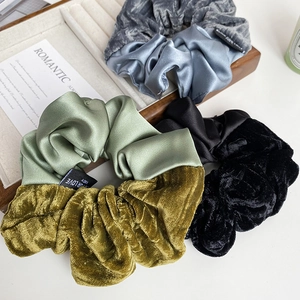 French velvet and satin scrunchies in olive green, blue and black with texture contrast